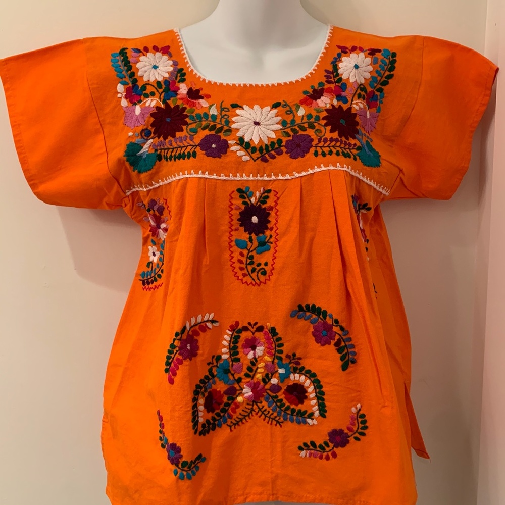 Vintage orange peasant blouse Mexican youth dress